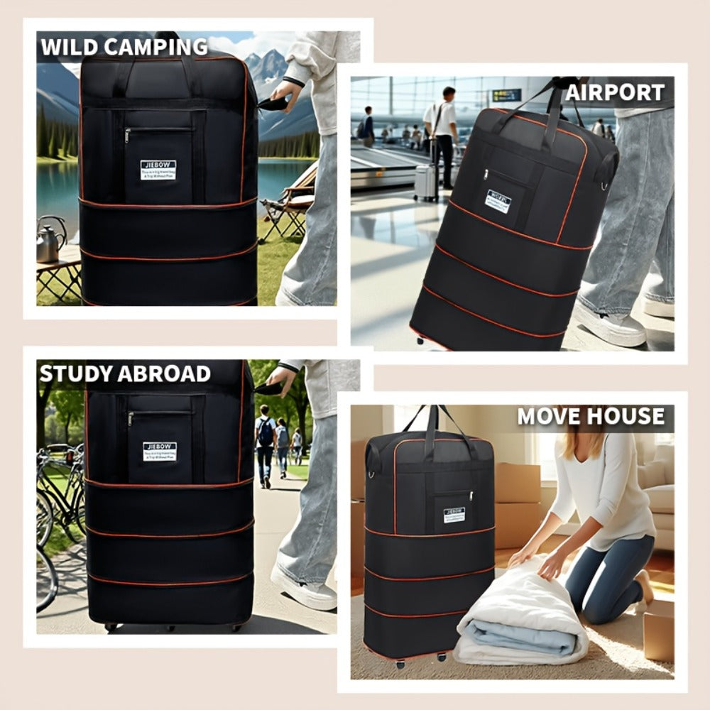 6-Wheel Expandable Travel Duffle - Foldable Large Capacity Suitcase with Reinforced Stitching, Black & Red Accents, Durable Plastic Construction - Sleek Minimalist Design for Business Trips, Study Abroad, Moving & Home Storage, Luggage for Travel, Robust