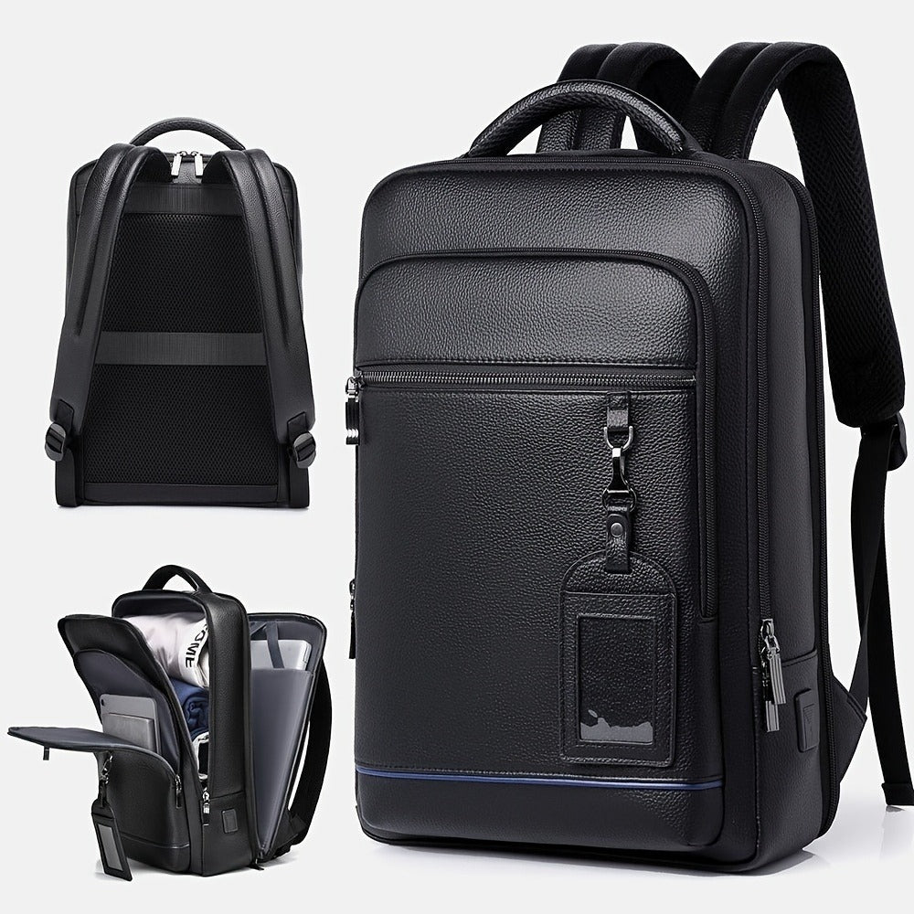 Genuine Leather Laptop Backpack for Men Fit 15.6 Inch Laptop, Business Work Office College Medium Backpack with USB Charging Port, High Quality Black Travel School Bag