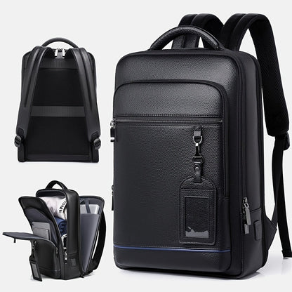 Genuine Leather Laptop Backpack for Men Fit 15.6 Inch Laptop, Business Work Office College Medium Backpack with USB Charging Port, High Quality Black Travel School Bag
