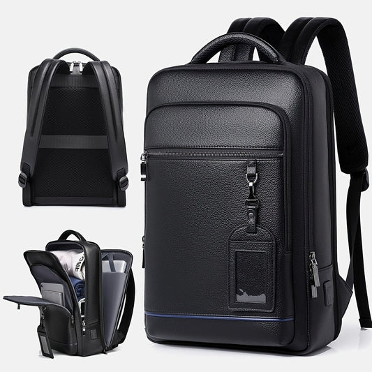Genuine Leather Laptop Backpack for Men Fit 15.6 Inch Laptop, Business Work Office College Medium Backpack with USB Charging Port, High Quality Black Travel School Bag
