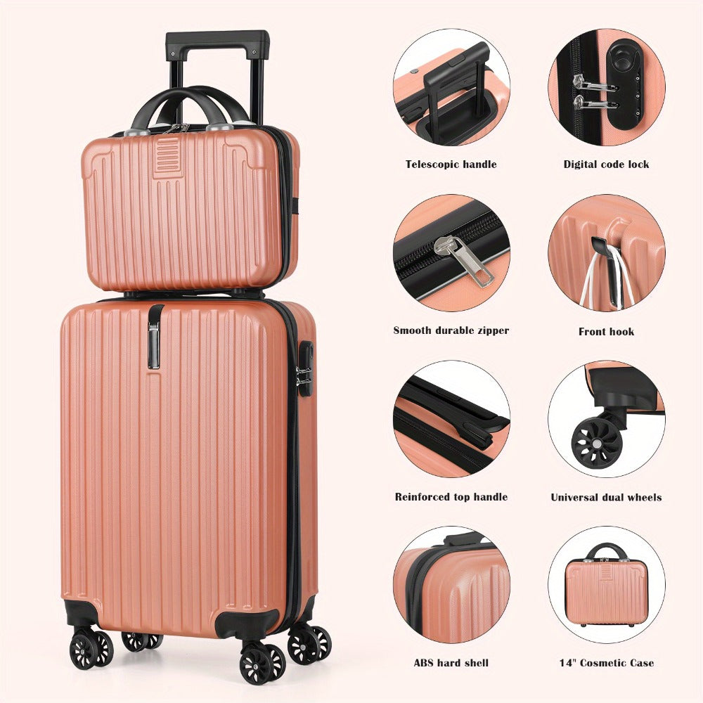 Carry On Luggage 20 Inch Suitcase Set 2 Piece With 14" Cosmetic Case, Hardside Carry On Suitcase 22x14x9 Airline Approved With Combination Lock & Spinner Wheels (20-Inch, rose Golden )
