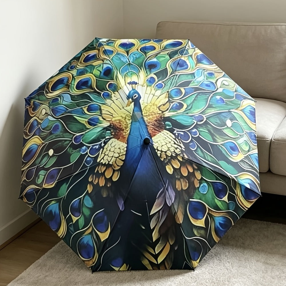 A Folding Umbrella With A Peacock Feather Design - A Lightweight, Retractable Travel Umbrella With A Sturdy 8-rib Frame, Available In Blue, Green, Golden, Purple, Black, Yellow, And Brown. An Elegant Outdoor Umbrella For Both Men And Women.