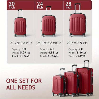 3pcs Heavy-Duty ABS Hardshell Luggage Set with TSA Lock Suitable for Men & Women, Spinner Suitcase Carry-On (20"/24"/28") - Lightweight Travel Suitcases with Password Lock, Iron- Frame, for Domestic & Airports