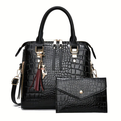 Fashion Crocodile Pattern Women's Handbag 2pcs Set, Women's Shoulder Bag with Tassel Decoration, Metal Cat Pendant Crossbody Bag