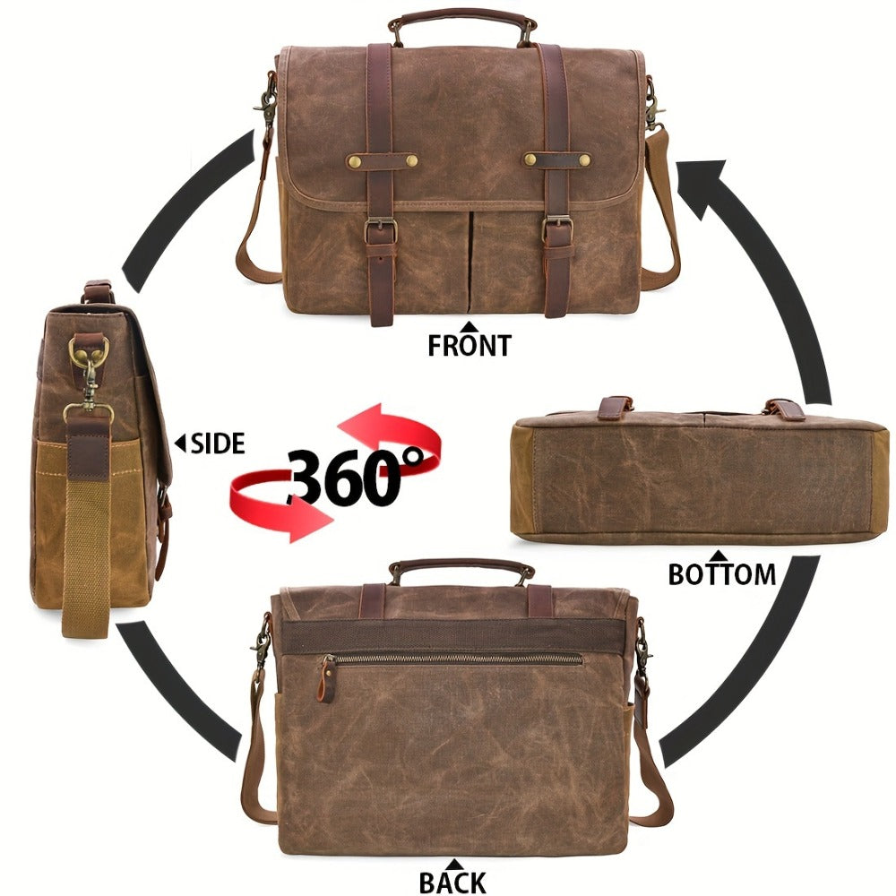 Mens Messenger Bag 15.6 Inch High Quality Vintage Genuine Leather Waxed Canvas Briefcase Large Leather Computer Laptop Bag Rugged Satchel Shoulder Bag