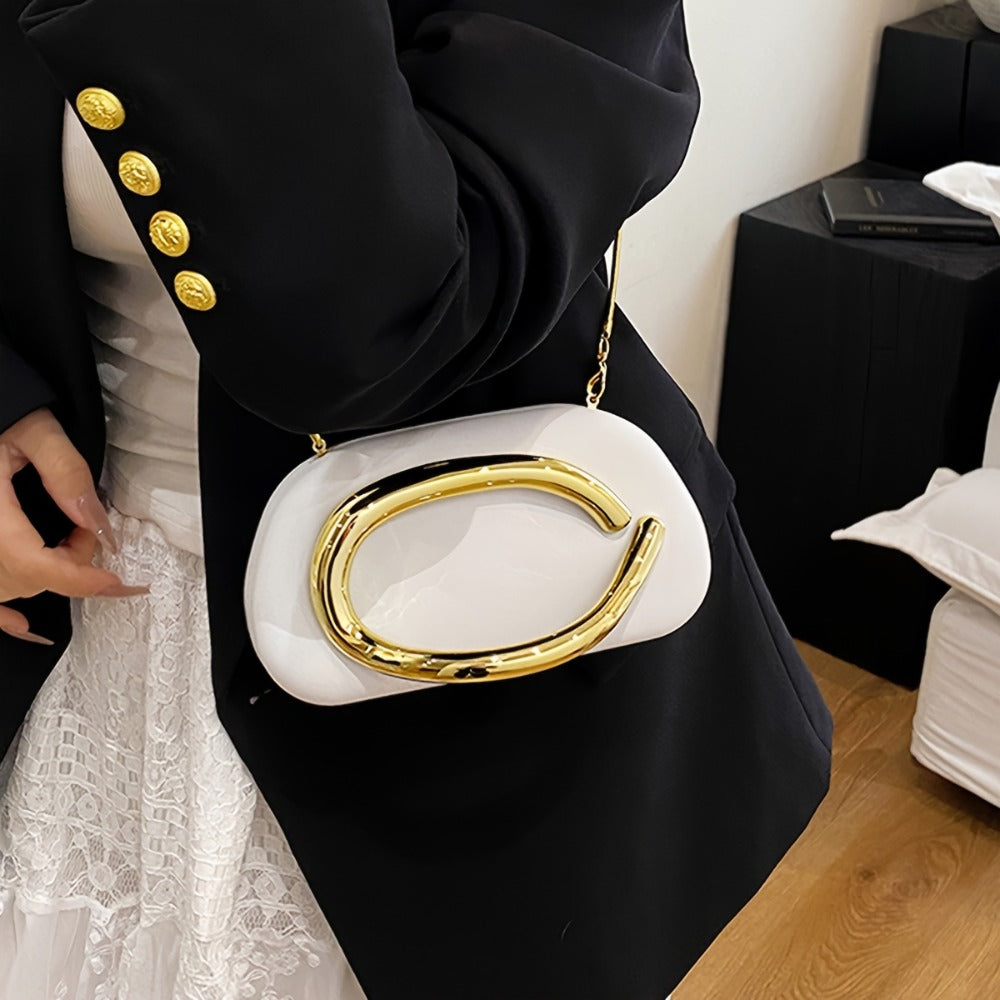 Women'S Evening Clutch with Golden Metal Handle And Removable Chain Shoulder Strap, Minimalist Acrylic Bag Perfect for Weddings And Parties, Designed with Magnetic Closure, Lining, Coin Pocket, And Photo Compartment
