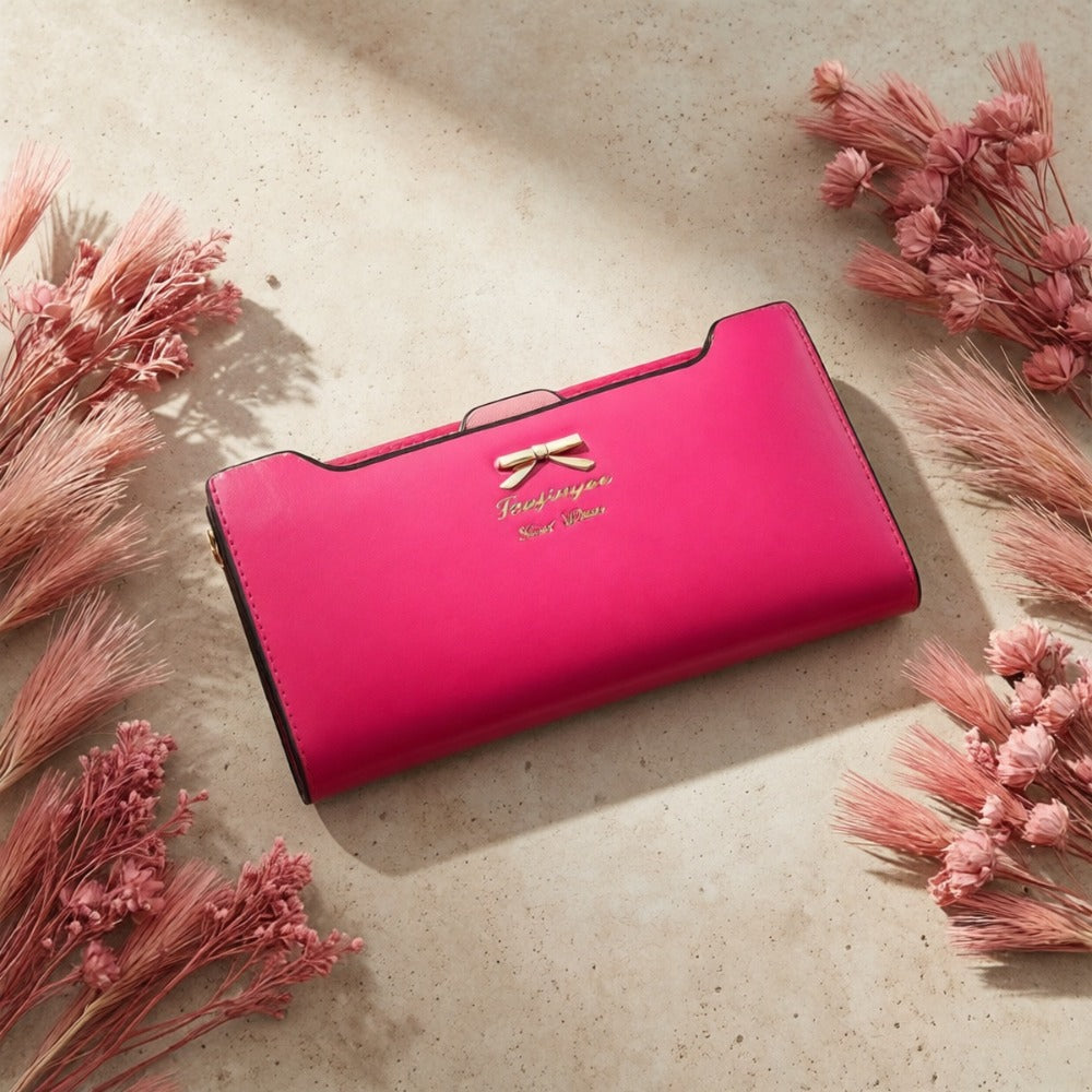 Fashion Cute Bowknot Long Wallet, Zipper Multi-card Clutch Coin Money Purse, Women's PU Leather Phone Handbag, Credit Card Holder