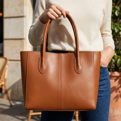 Women's Large Capacity Tote Bag - Work Bag with Kiss Lock Closure, Spacious Designer Handbag for Women, Office, Travel, Everyday Use - Coffee Brown, Elegant Minimalist Shoulder Purse, Ladies Handbags, Sturdy Handles