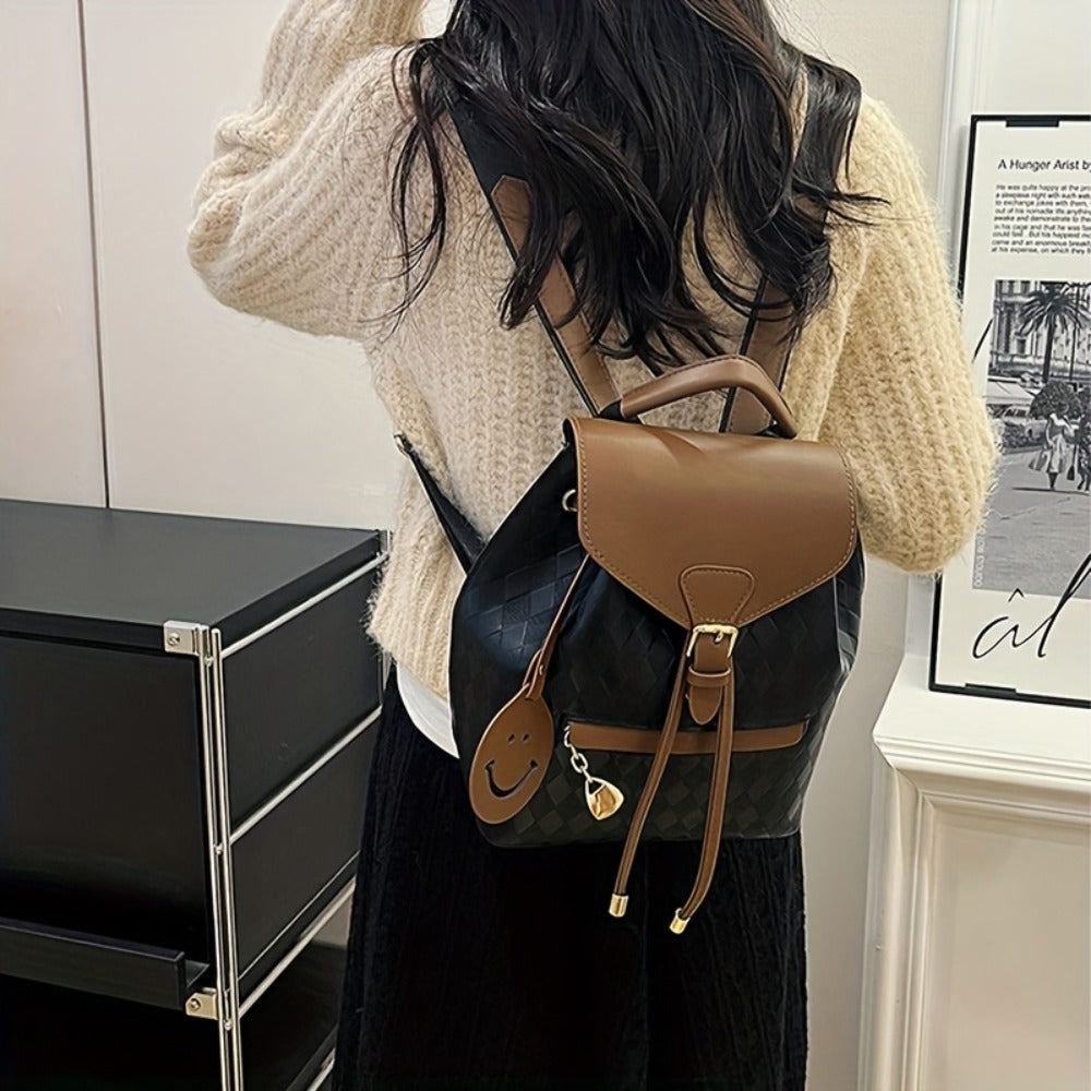 Women's Professional & Everyday Backpack - Coffee Brown & Black -like Bag with Adjustable Strap, Golden Buckle, Zipper Closure - Lightweight Purse for Work, Travel, College, Casual Outings - Gift Idea with Face Charm Charm, Playful Design, Durable Constru