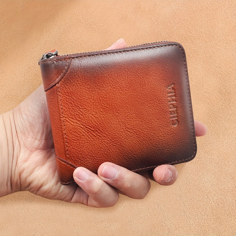 Cierhia Vintage Men'S Top Layer Cowhide Wallet with RFID Blocking Protection - Slim Brown Clutch with Zipper, Multi-Function ID & Credit Card Holder, Coin Pocket - Ideal Gift for Him, Short Wallet