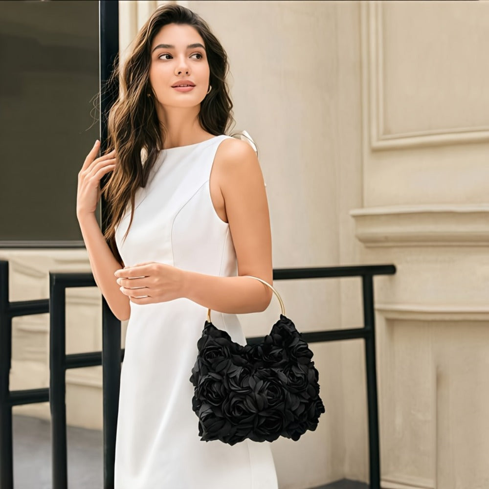 [Weddings And Prom] Women's Elegant Dinner Clutch Rose Flora Lace Trim-Nylon/Wedding Handbag for Party, Prom, Night Out Buckle Opening White/Black for Party Clutch for Special Events, Weddings And Prom