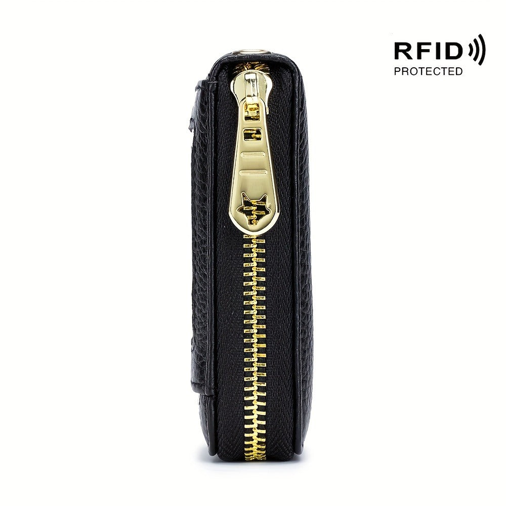 RFID Blocking Credit Card Holder Wallet With Keychain & ID Window Small Leather Zipper Card Case For Women (Vertical 12 Slots)