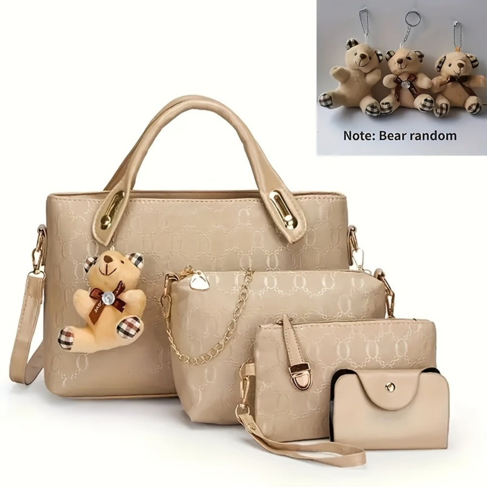 4pcs Women'S Fashionable Handbag Set, Women'S Bag Set, A Small Bear Pendant Is Included Randomly (color And Style Are Random), Very Suitable For Daily Commuting - Large Capacity Bag