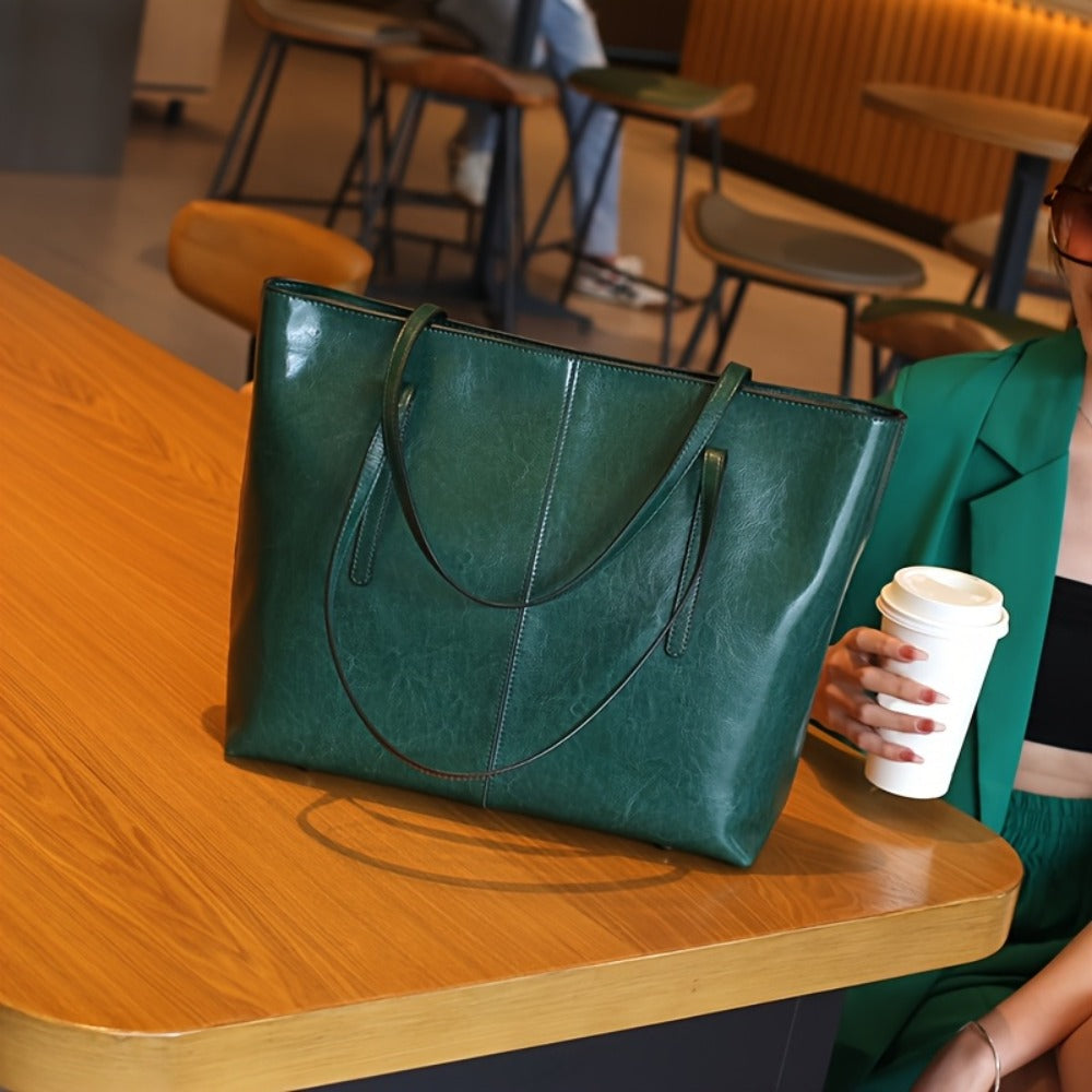 High-quality Oil and Wax Genuine Leather Tote Bag, Double-compartment Zipper Inner Pocket Design, Large-capacity Portable Crossbody Bag, Elegant Shoulder Bag
