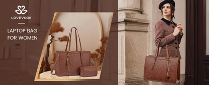 [Canvas Leather Laptop Tote] LOVEVOOK 15.6 inch Canvas Leather Laptop Tote Bag for Women - Computer bag with Clutch Purse for Business, Travel, Casual
