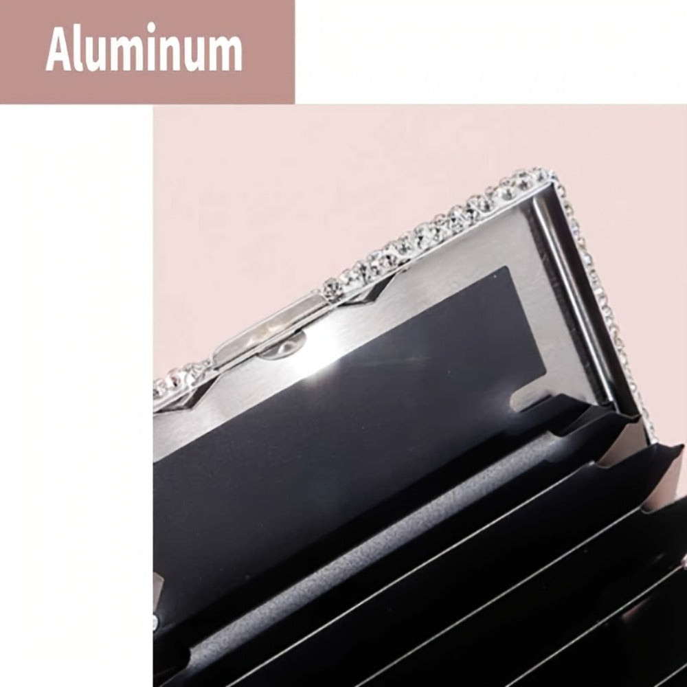Silvery Aluminum Alloy Card Holder with Anti-Theft Diamond Accents, Luxurious Business Card Case, Compact And Portable Anti-Magnetic Card Holder for Women, Jewelry Organizers with Hanging Feature