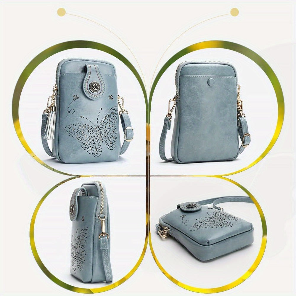 Small Crossbody Bags For Women | Lightweight Mini Cute Cell Phone Purse With Tassel Shining Butterfly, Zipper Closure, Lining, Animal Print For Mom Gift Essential