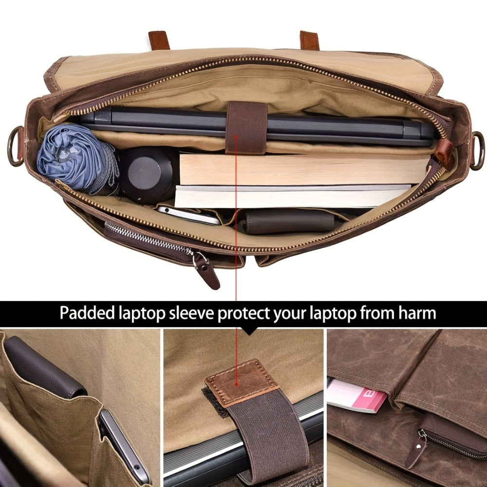 RAINSMORE Men's Crossbody 15.6-inch Vintage Canvas Briefcase Large Crossbody Bag Shoulder Bag Rugged Laptop Bag with Folder, Coffee