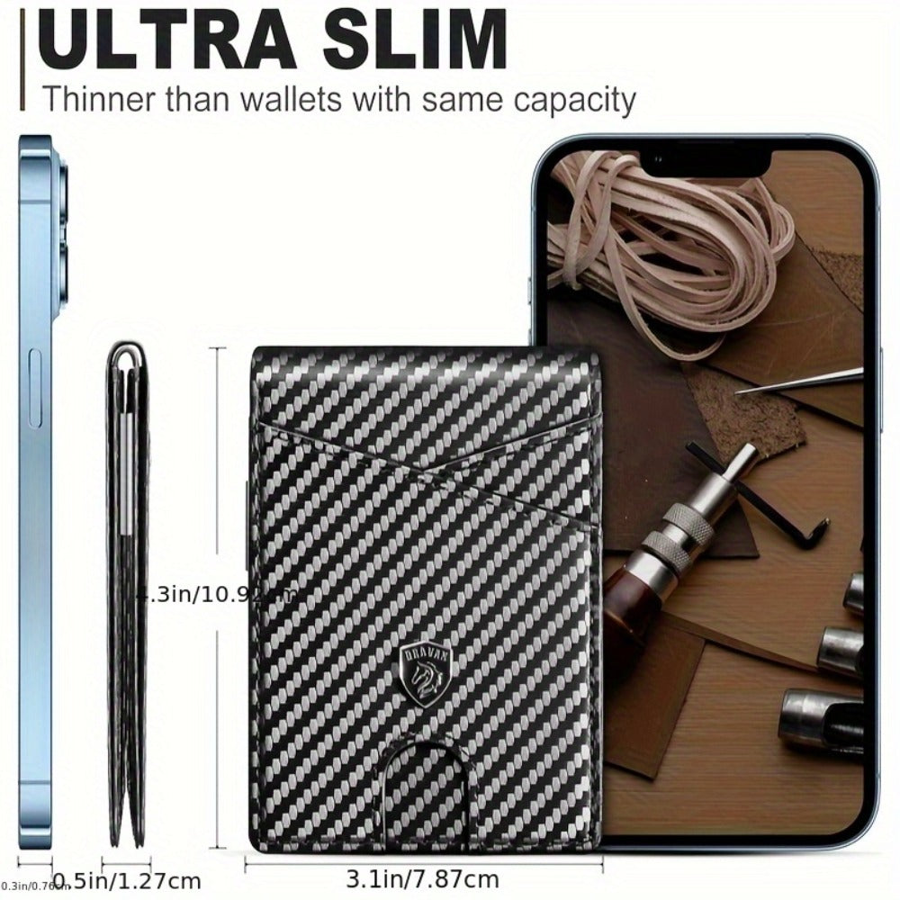 Ultra-Thin RFID Blocking Wallet for Men - 11 Card Slots Slim Front Pocket Minimalist Credit Card Holder with Carbon Fiber Money Clip & Gift Box