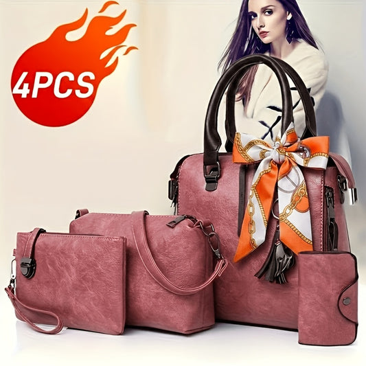 Fashionable And Versatile 4pcs Women's Bag Set, Retro Tote Bag, Crossbody Shoulder Bag, Handbag, Wallet, Oil Wax PU Tassel Tote Bag, Exquisite Y Scarf, Meeting The Needs Of Daily Commuting, Travel, for Best Birthday Gifts
