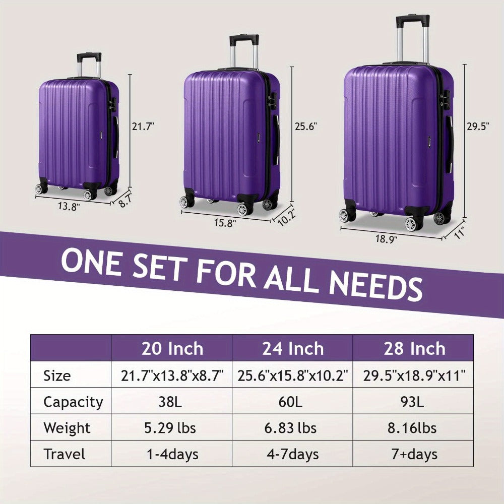 3pcs Luggage 20/ 24/ 28-Inch, Durable Hard Shell, 360 Spinner Wheels, Multifunctional Large Capacity, Lightweight Travel Suitcase