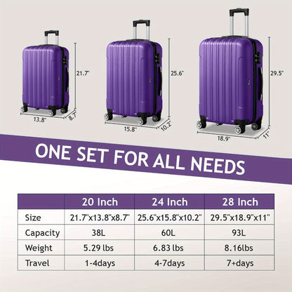 3pcs Luggage 20/ 24/ 28-Inch, Durable Hard Shell, 360 Spinner Wheels, Multifunctional Large Capacity, Lightweight Travel Suitcase