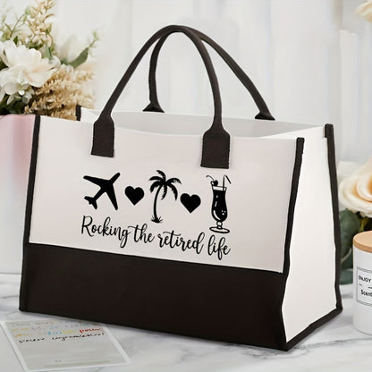 1pc "Rocking the Retired Life" Tote Bag - Large Capacity, Black & White, Ideal for Grandparents, Retirees, and Daily Commute, Hand Washable, Everyday Tote Bag|Playful Design|Durable Handle, Retirement Gifts