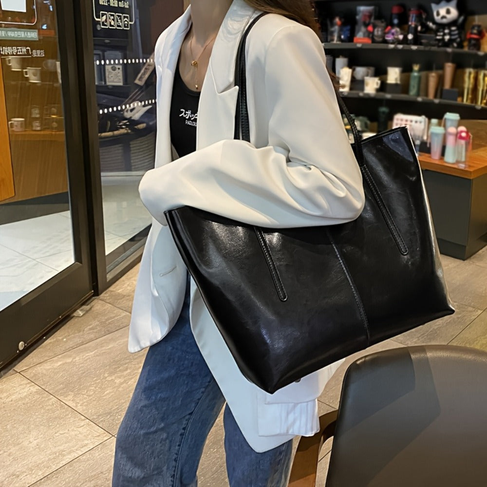 High-quality Oil and Wax Genuine Leather Tote Bag, Double-compartment Zipper Inner Pocket Design, Large-capacity Portable Crossbody Bag, Elegant Shoulder Bag