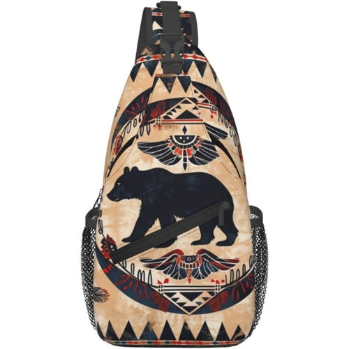 Native American Bear Tribal Print Men's Crossbody Chest Bag - Southwestern Style Belt Bag with Secure Zipper, Turquoise Accent & Bear Paw Design, Durable Multifunctional Waist Bag for Outdoor Travel,, Daily Use (Hand Washable)