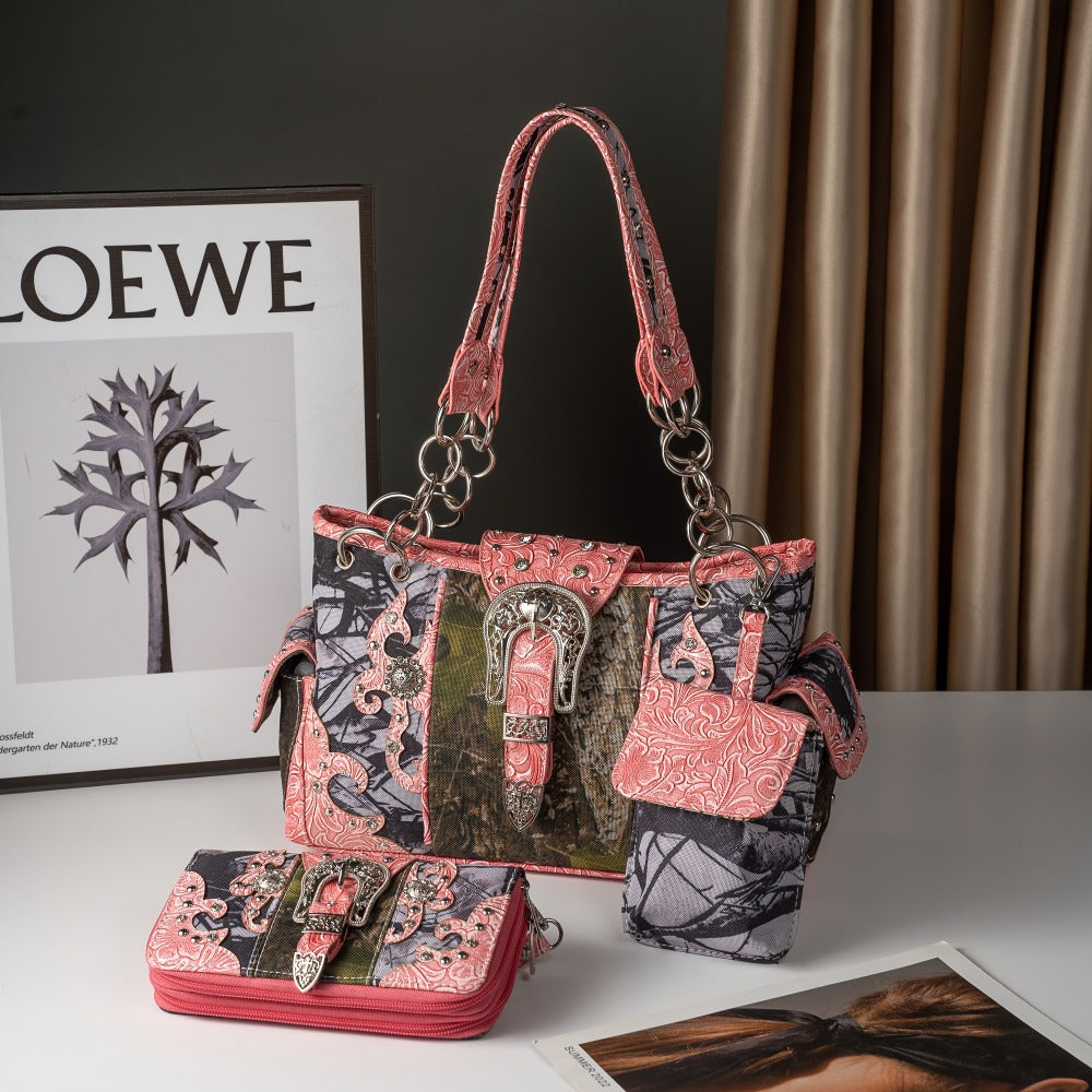 Western Style Camouflage Handbag, Concho Buckle Tooled Floral Country Studs Crossbody Women's Handbag, Backpack, Wallet Set, Ideal Christmas Gift