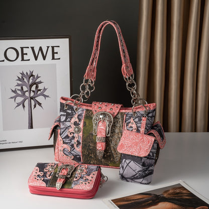 Western Style Camouflage Handbag, Concho Buckle Tooled Floral Country Studs Crossbody Women's Handbag, Backpack, Wallet Set, Ideal Christmas Gift