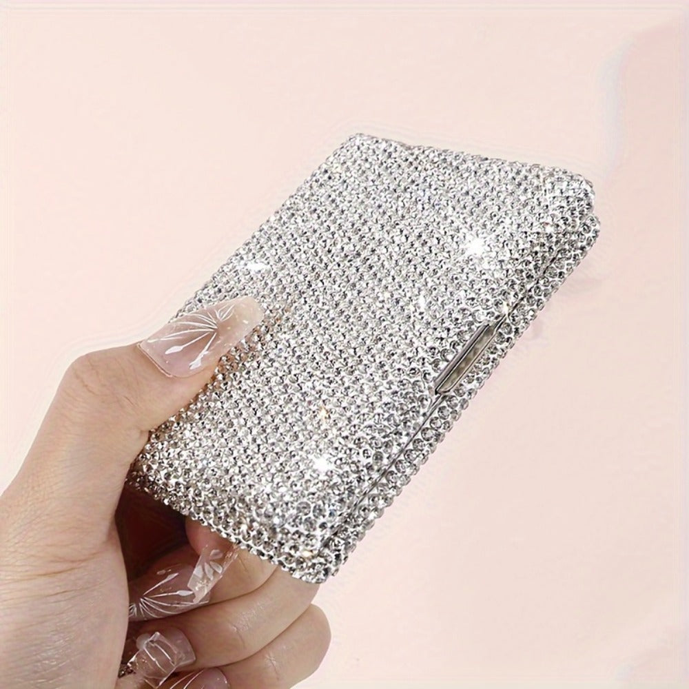 Silvery Aluminum Alloy Card Holder with Anti-Theft Diamond Accents, Luxurious Business Card Case, Compact And Portable Anti-Magnetic Card Holder for Women, Jewelry Organizers with Hanging Feature