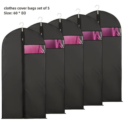 5pcs Black Washable Suit Covers with Transparent Windows, Suitable for Cabin Storage, Washable Suit Covers, Shirts, Suits, Dresses, Suit Dust Bags with Windows for Cabin Storage