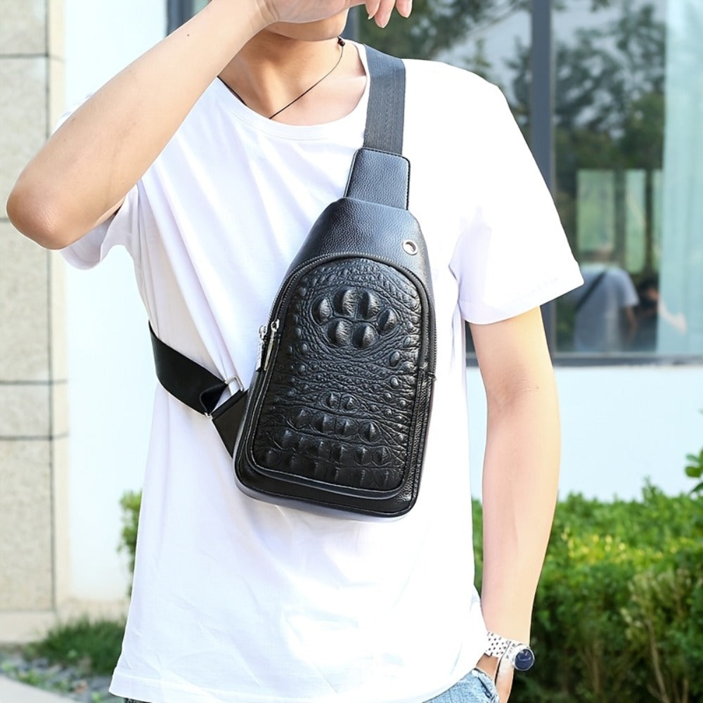 1pc Crocodile Pattern Sling Bag - Unisex Versatile Travel Backpack - Men'S Chest Bag With Headphone Jack Hole - Multiple Compartments Adjustable Brown Chest Bag - Shoulder Bags Gifts For Travel, Sports & Camping, Stylish Zipper Closure