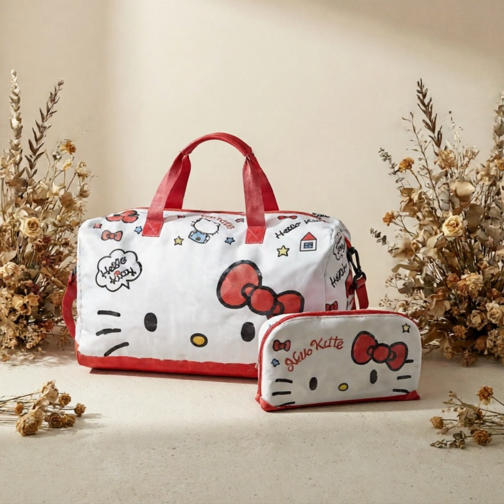 Sanrio KT Cat Stroller Travel Bag Storage Cosmetic Bag Two-Piece Kurumi Hand-Held Short-Distance Luggage Bag Large Capacity Gym Bag