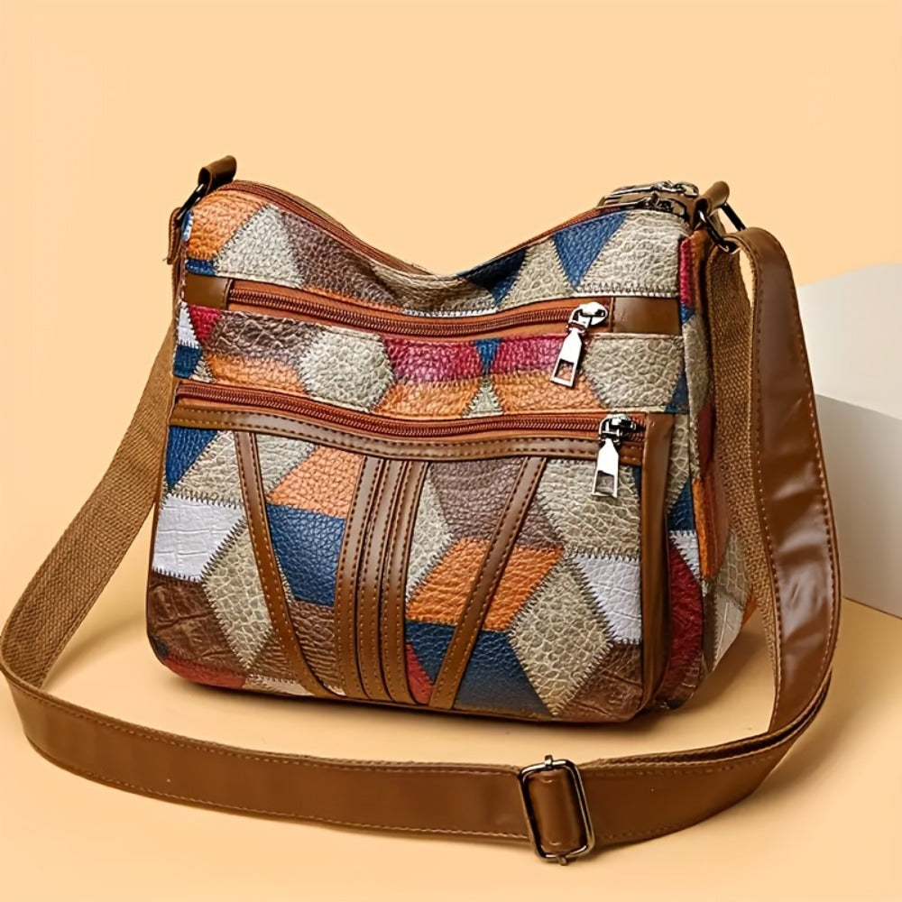 2pcs Set: Geometric Splicing Bag+premium Keychain, Women's Crossbody Bag, Large Capacity Imitation, Ethnic Style Shoulder Strap Embellishment, Daily Travel Handbag, Retro Style Shoulder Bag, Occasion Theme, Multifunctional Car Keychain