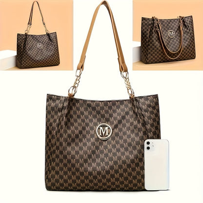 Stylish Handbag for Women Featuring a Golden Chain Shoulder Strap And an 'M' Emblem - Made of Synthetic, Available in Light Brown, White, And Black, with a Houndstooth Design, Zipper Closure, And Lining