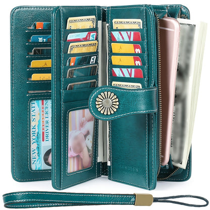 Wallets for Women RFID Blocking, Long Genuine Leather Wallet with 24 Card Slots & Phone Pocket, Large Capacity Zipper Wristlet, Gift Box for Daily Use, Sunflower Print
