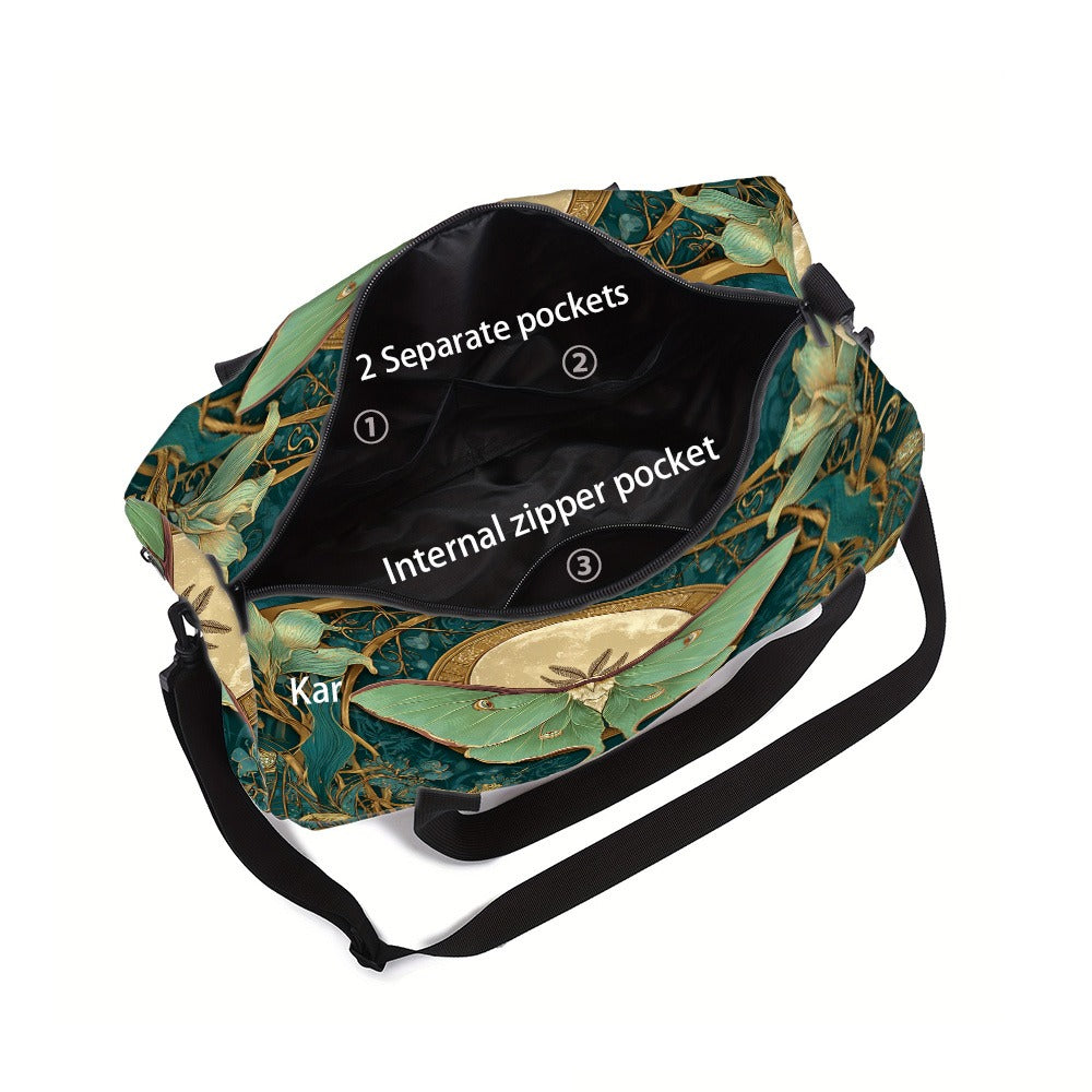 [Gym Yoga Sports Bag] Moonlit Elf Green Moth & Retro Floral Print | Unisex Polyester Gym Yoga Bag, Large - Capacity Sports Bag with Side & Inner Pockets, Adjustable Strap, Luggage - Friendly, Machine - Was