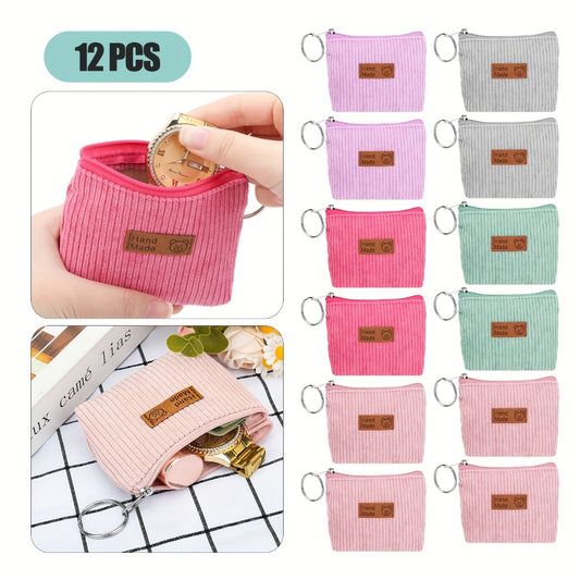 12pcs Women Corduroy Coin Purses with Keychains, Soft Striped Wallets, Durable Zipper Closure, Perfect for Christmas, Valentine's, Easter Gifts