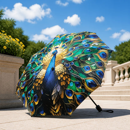 A Folding Umbrella With A Peacock Feather Design - A Lightweight, Retractable Travel Umbrella With A Sturdy 8-rib Frame, Available In Blue, Green, Golden, Purple, Black, Yellow, And Brown. An Elegant Outdoor Umbrella For Both Men And Women.
