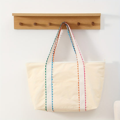 Ladies' Large Capacity Handbag | Beige Zipper Closure, Spacious Shopping Bag, Machine Washable for Daily and Beach Use, Casual Outing, Fashion Additions, Durable Structure, Multi-functional, Travel Essential