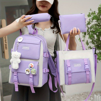 4pcs Easy Casual Backpack Large Capacity Schoolbag Travel Bag Canvas Shoulder Bag, for Teenager, For Teenager