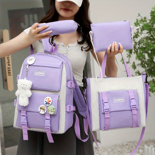 4pcs Easy Casual Backpack Large Capacity Schoolbag Travel Bag Canvas Shoulder Bag, for Teenager, For Teenager