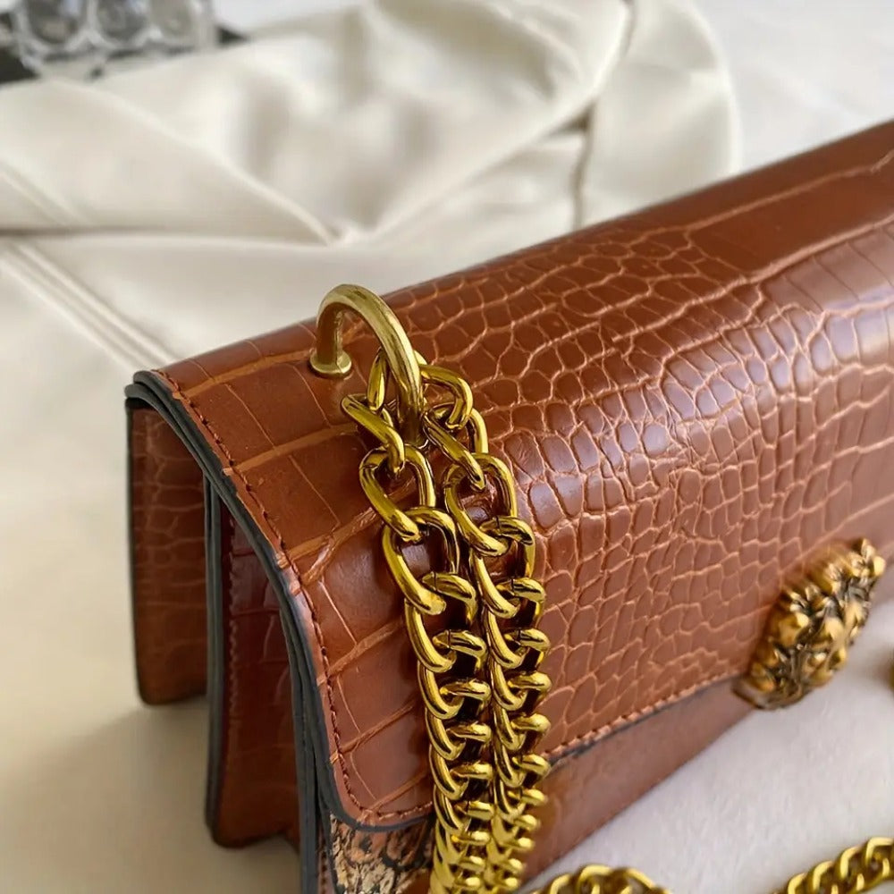 2025 New Women'S Crossbody Bag with Golden Chain And Animal Headdress- Small Square Shoulder Bag, Urban Fashion Buckle Closure Design, Suitable for Casual And Formal Looks, Multifunctional Accessory, High-End Elegant Handbag, Fashion Item