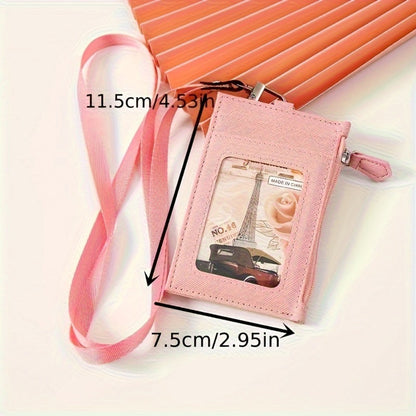 1pc Casual Faux Leather Card Holder with Lanyard, Zippered ID Case, Unlined, Hand Washable, with Lanyard for Card Storage