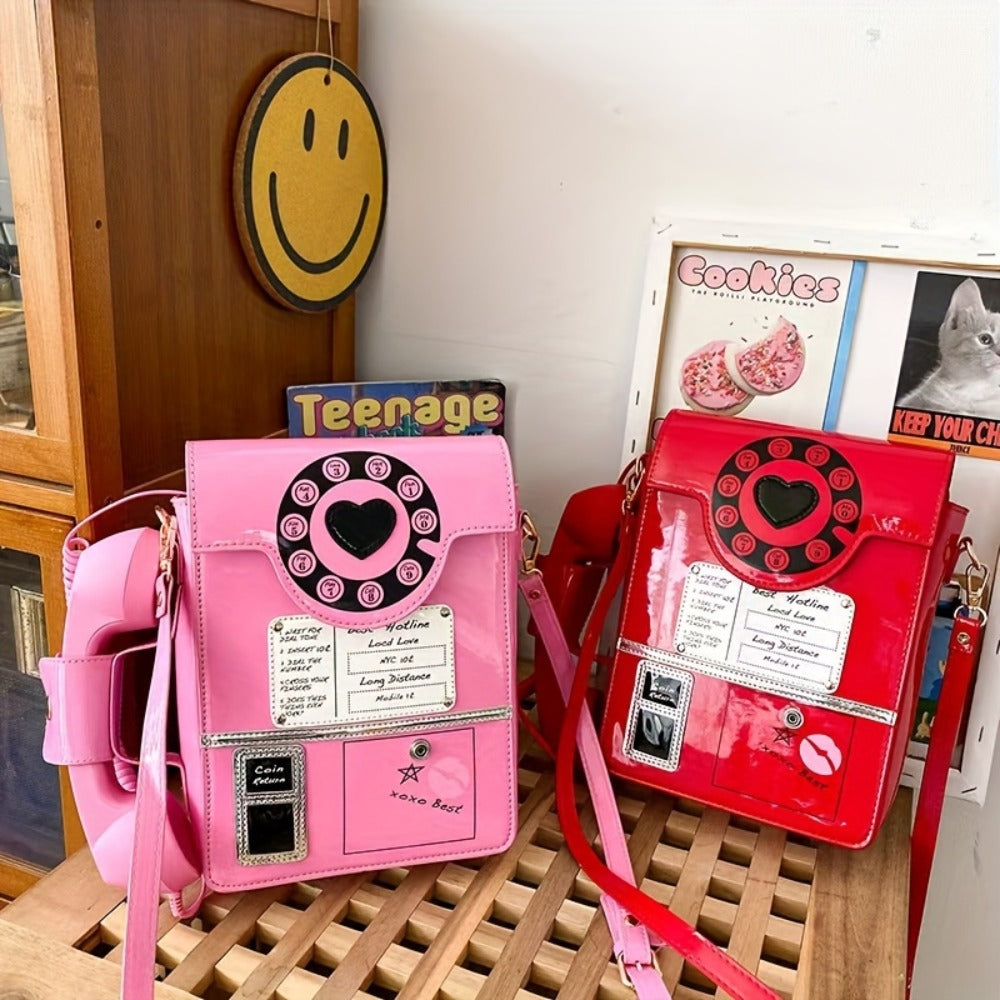 Creative And Stylish PU Glossy Chic Retro Telephone-Shaped Cross Body Bag For Women - Fashionable Simulated Body Bag, Irregular Bag, Shoulder Purse, Comb Bag, Available In Black, Red, Pink. A Perfect Birthday Gift For Your Best Friend Or Family