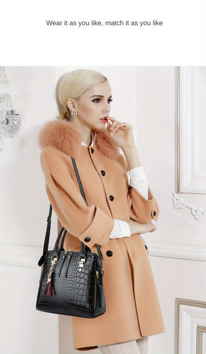 Fashion Crocodile Pattern Women's Handbag 2pcs Set, Women's Shoulder Bag with Tassel Decoration, Metal Cat Pendant Crossbody Bag