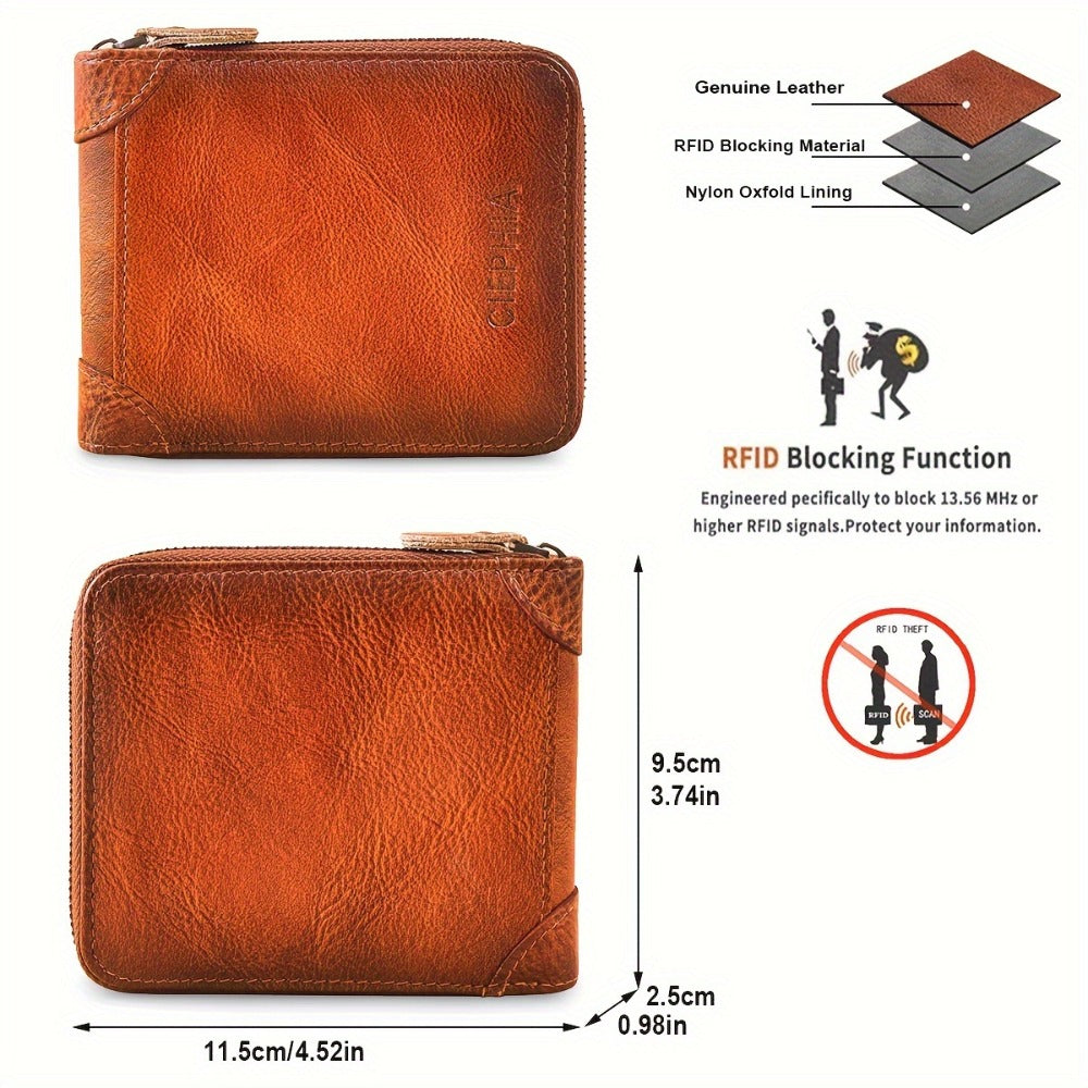 Men'S Genuine Leather Zipper Wallet RFID Secure Large Capacity Double Fold Multi-Card Top Layer Leather Wallets for Men And Coin Purse Christmas Father'S Day/Valentine'S Day/Anniversary Gift The Set Includes a Greeting Card