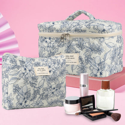 2 Pcs Cute Makeup Bag for Women, Travel Cosmetic Bags, Quilted Coquette Aesthetic Floral Toiletry Organizer Bag